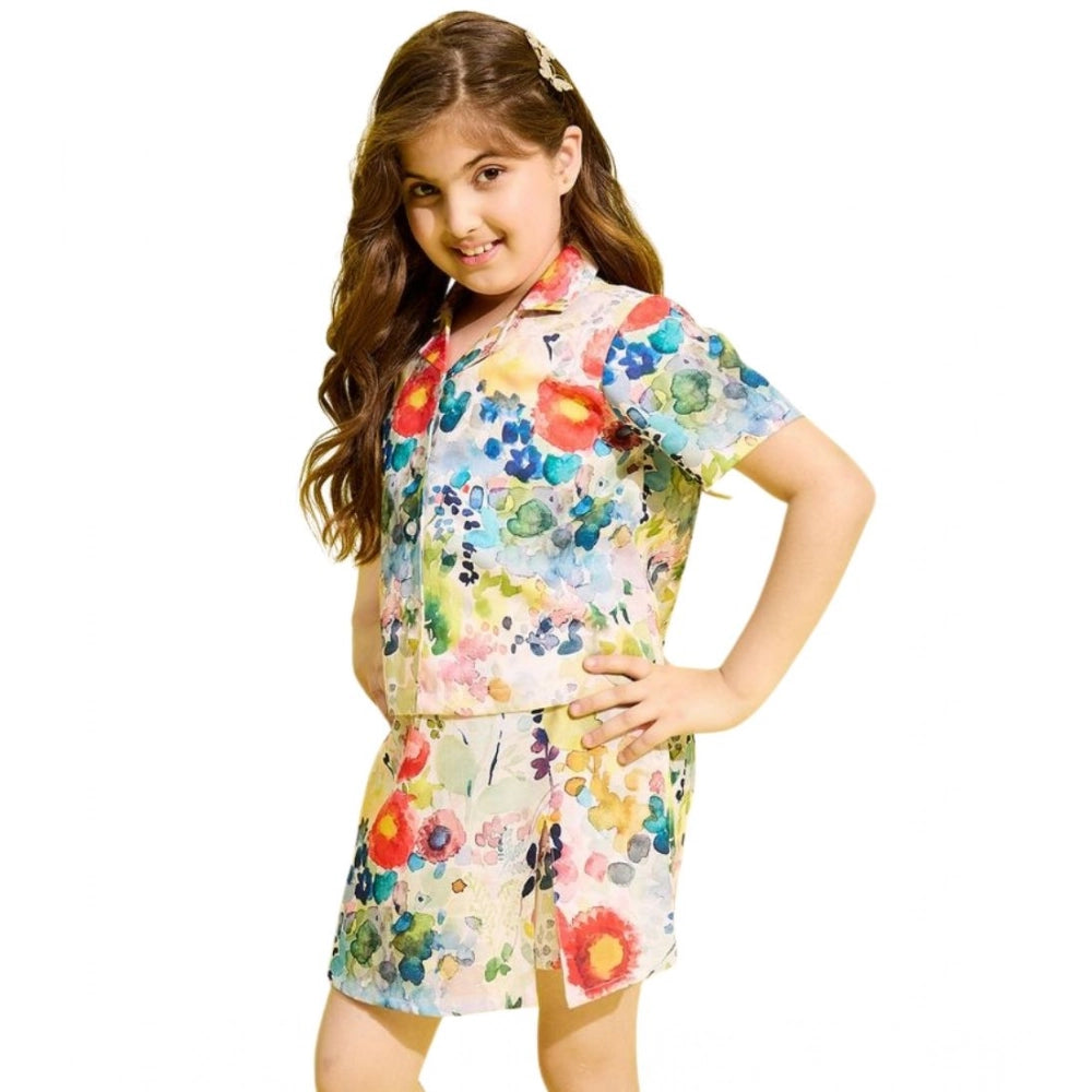 Multicolor floral print skorts set for girls, short sleeves, polyester cotton blend