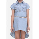 Blue denim hi-lo short sleeve dress with belt for girls, casual and comfortable style