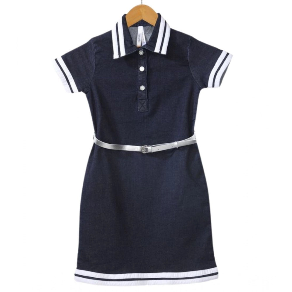 Navy blue-white denim lycra ribbed elasticated dress with belt on model