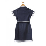 Navy blue and white denim lycra ribbed elasticated dress with belt for girls, close-up view of waist detail