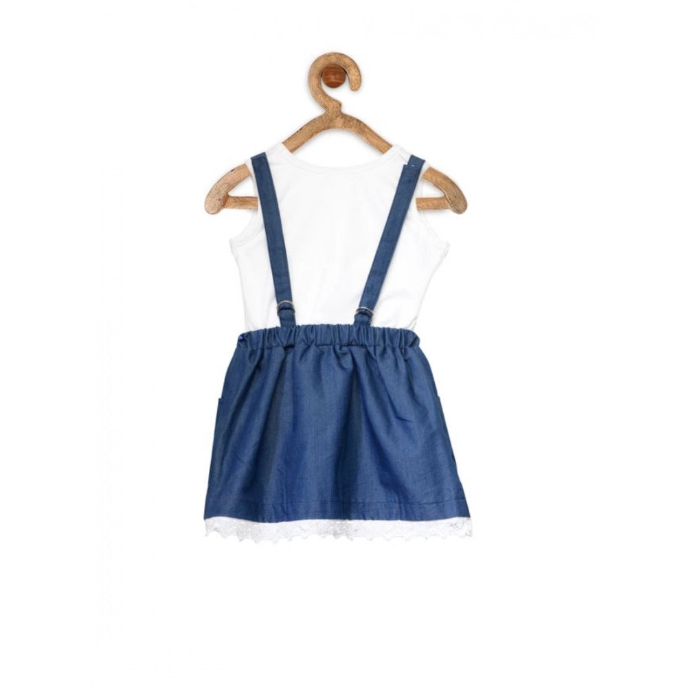 Dark blue denim embellished sleeveless skirt for girls, stylishly detailed