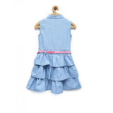 Light Blue denim embellished sleeveless dress with belt for girls, mandarin collar and button closure