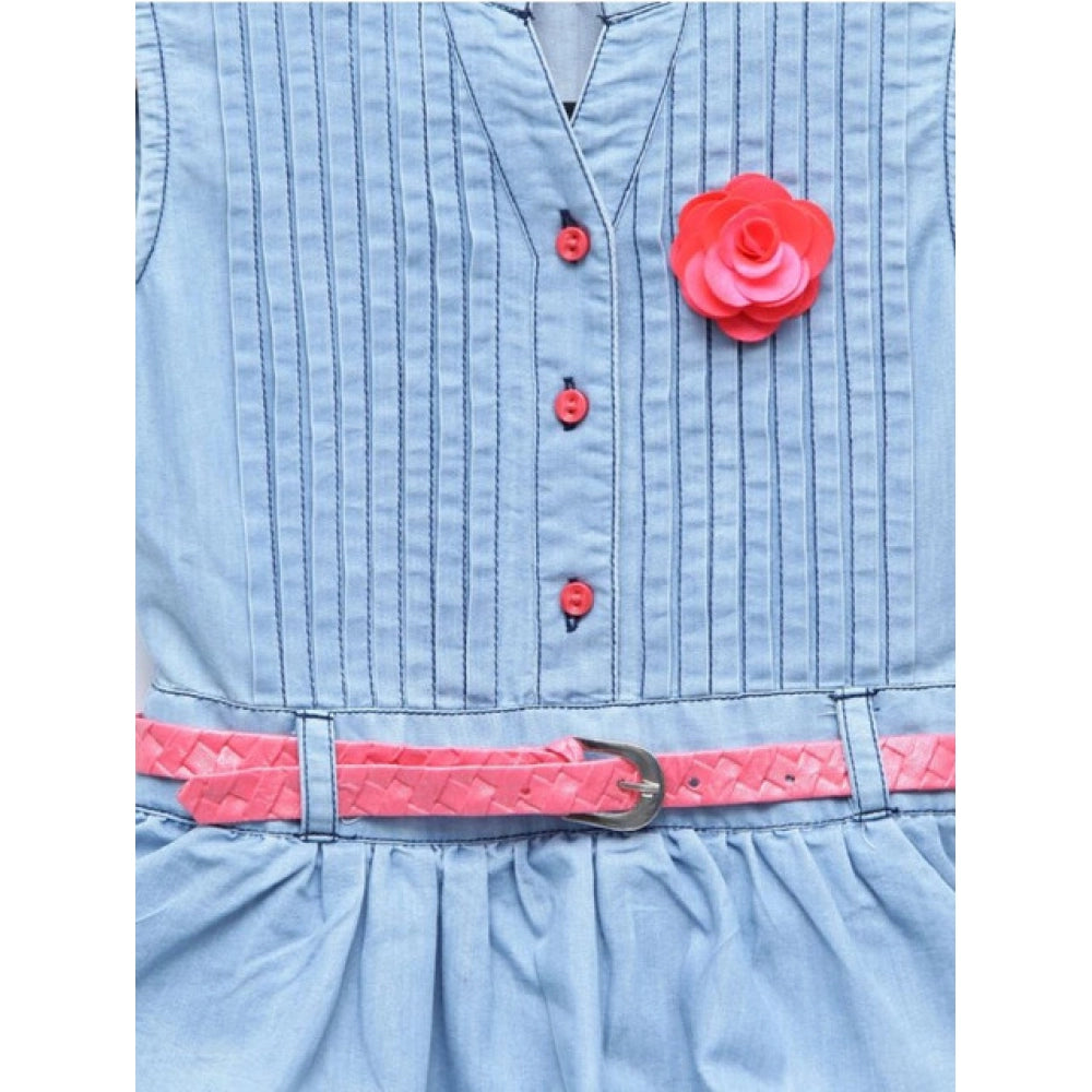 Light Blue denim embellished sleeveless dress with belt for girls - Mandarin collar, button closure, knee-length style