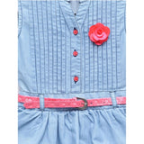 Light Blue denim embellished sleeveless dress with belt for girls - Mandarin collar, button closure, knee-length style