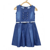 Blue denim embellished sleeveless dress with belt for girls, round neck, knee-length