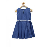 Blue embellished denim sleeveless dress with belt for girls, round neck, knee-length, button closure