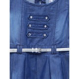 Blue denim embellished sleeveless dress with belt for girls, embellished denim style fashion on model