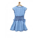Light blue denim embellished cap sleeve dress for girls, round neck, button closure, knee length