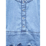 Light blue denim embellished cap sleeve bow dress for girls, fashionable denim clothing with round neck and button closure