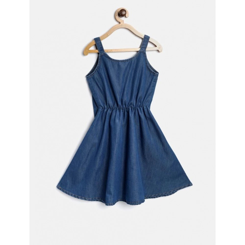 Blue denim printed short sleeve dress with straps for girls - casual summer outfit on model
