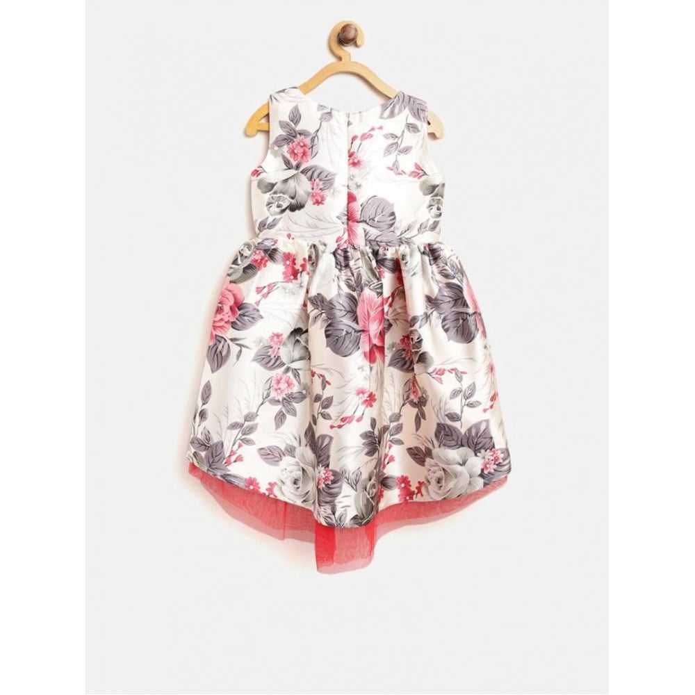 Off-white polyester & net inset sleeveless dress for girls, featuring a round neckline and knee length, on a mannequin for display