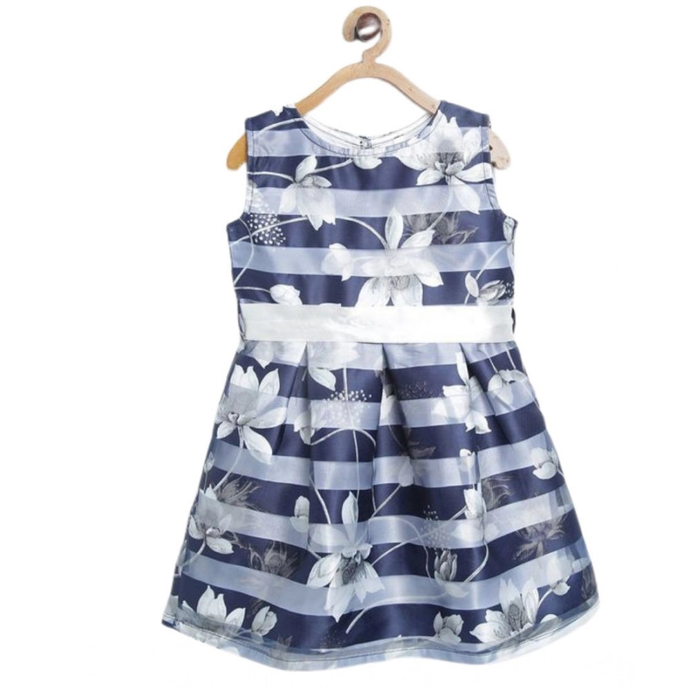 Navy blue polyester striped sleeveless dress for girls, round neck, zip closure, knee length