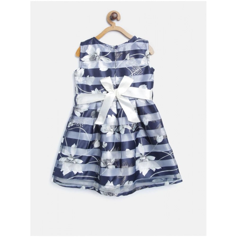 Navy Blue striped polyester sleeveless dress for girls, round neck, knee-length with zip closure