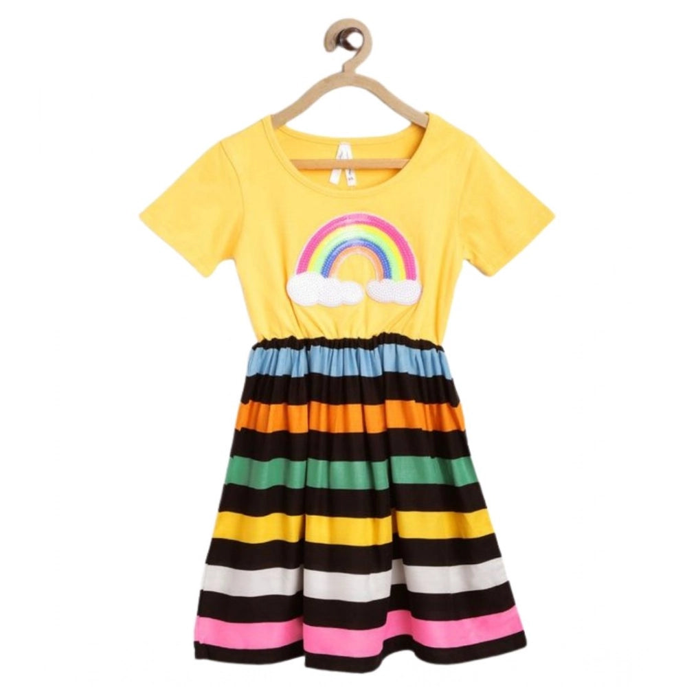 Multicolor striped cotton short sleeve dress for girls, round neck and knee-length style