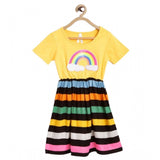 Multicolor striped cotton short sleeve dress for girls, round neck and knee-length style