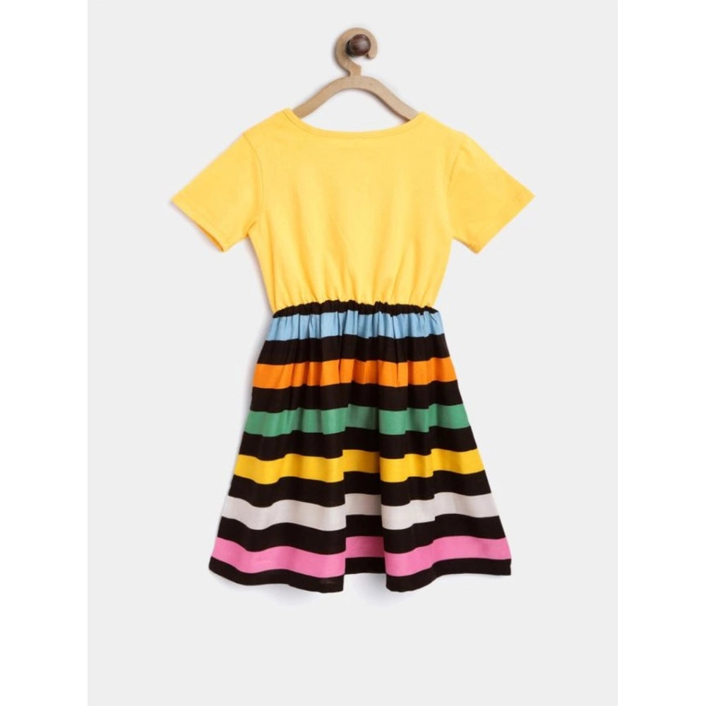 Multi-colored cotton striped short sleeve dress for girls, round neck, knee length