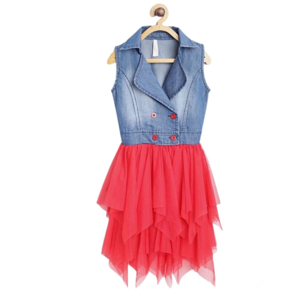Blue-Red denim roll up buttoned dress with shirt collar, ideal for casual kids' wear