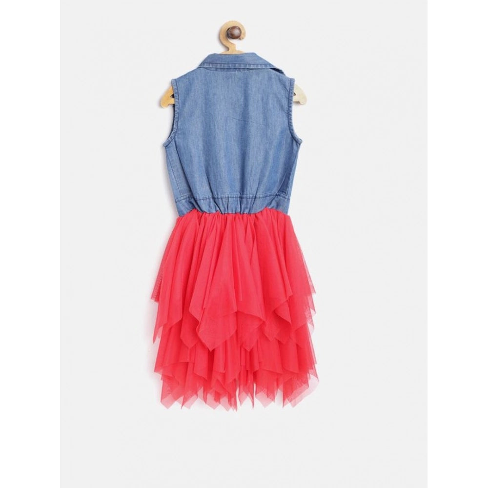 Blue-Red Denim Roll Up Buttoned Dress for Girls, classic denim shirt collar dress with net pattern and button closure