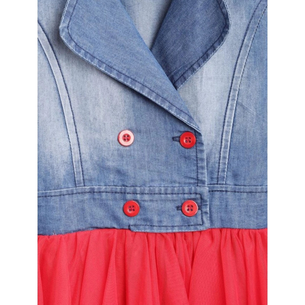 Blue-Red denim roll-up buttoned dress with shirt collar, knee length