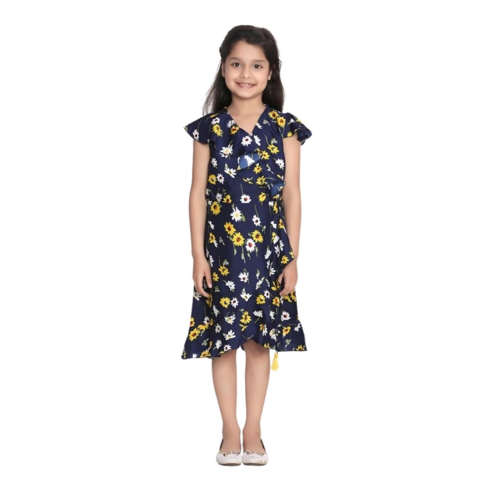Navy Blue polyester crepe polka cold shoulder dress for girls, featuring a V-neck and knee-length design