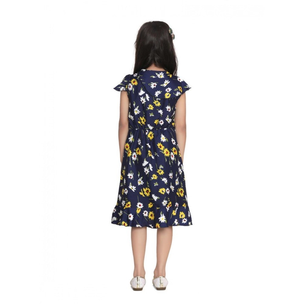 Navy Blue Polyester Crepe polka cold shoulder dress for girls, knee-length style on mannequin