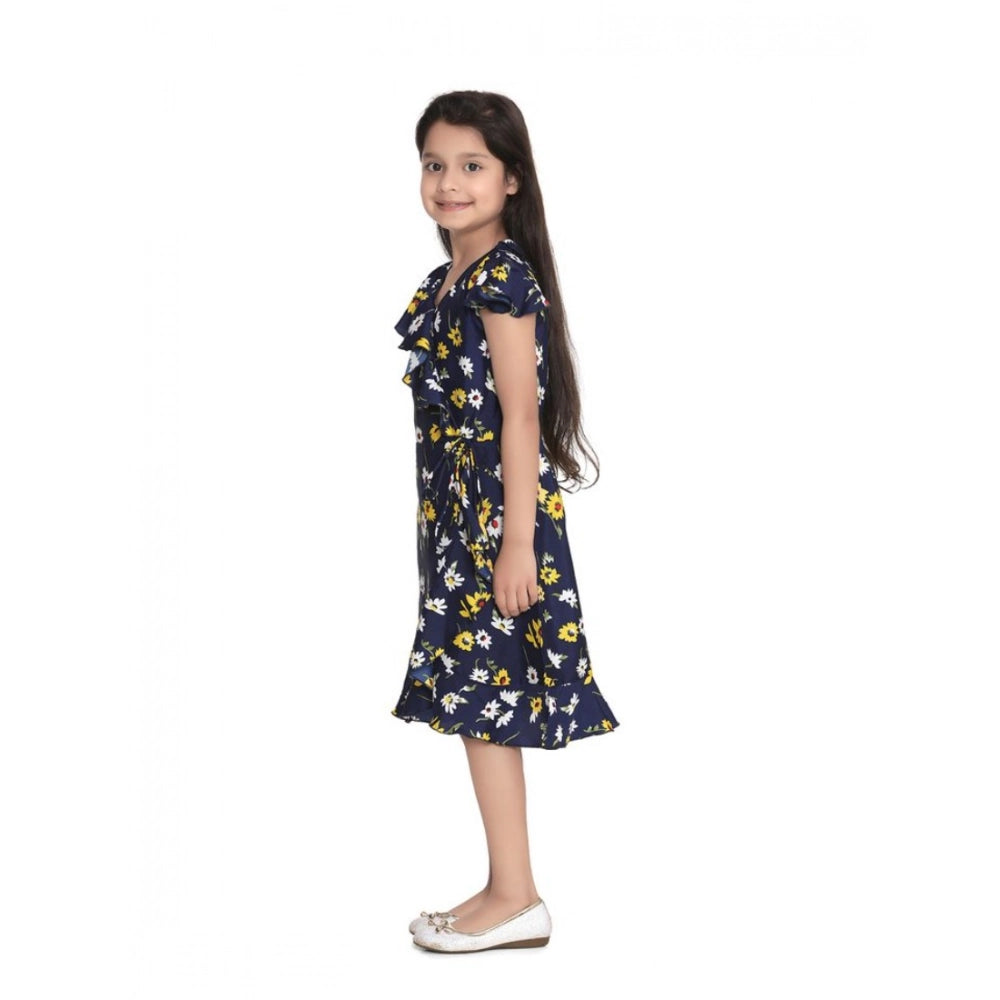 Navy Blue Polyester Crepe polka cold shoulder dress for girls, showcasing v-neck design and knee-length