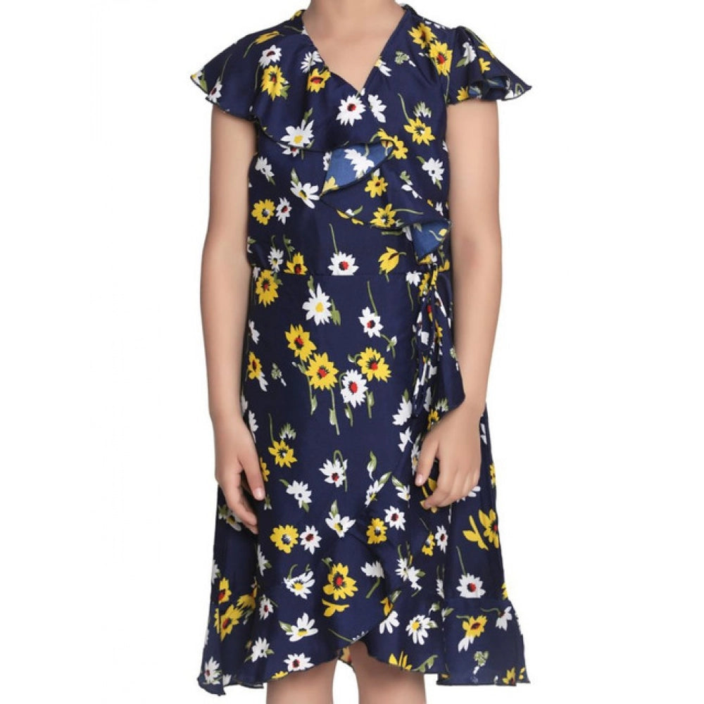 Navy Blue polyester crepe polka cold shoulder dress for girls, vibrant pattern detail on a knee-length style