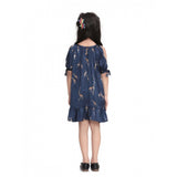 Blue satin animal print sleeveless dress for girls, round neck, knee length
