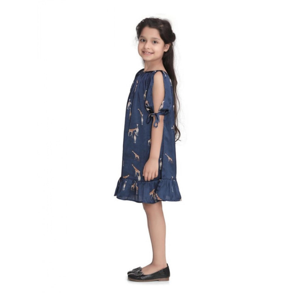 Blue satin animal print sleeveless dress for girls, knee-length style with round neck