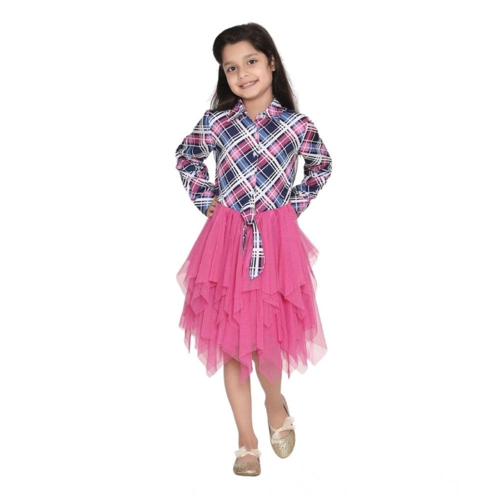 Pink-Blue polyester crepe lace inserts long sleeves dress with shirt collar and button closure on model standing indoors