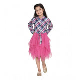 Pink-Blue polyester crepe lace inserts long sleeves dress with shirt collar and button closure on model standing indoors