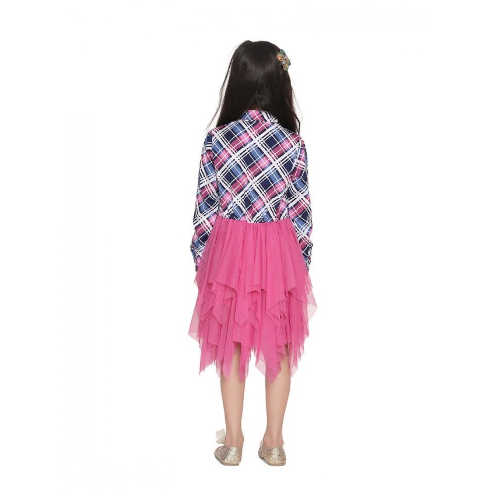 Pink-Blue polyester crepe lace inserts long sleeves dress with shirt collar, net pattern and button closure