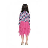 Pink-Blue polyester crepe lace inserts long sleeves dress with shirt collar, net pattern and button closure