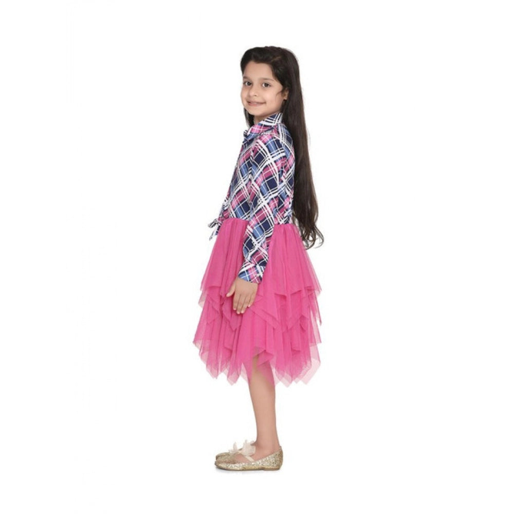 Pink-Blue polyester crepe lace inserts long sleeves dress with shirt collar and button closure on a mannequin