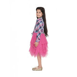 Pink-Blue polyester crepe lace inserts long sleeves dress with shirt collar and button closure on a mannequin