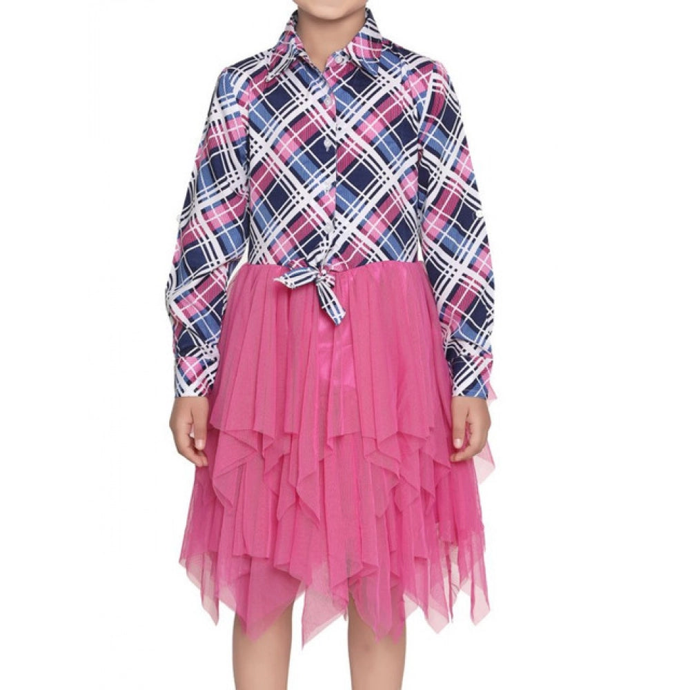 Pink-Blue polyester crepe lace inserts long sleeves dress with shirt collar, button closure, and knee length