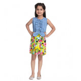 Blue-Yellow denim floral sleeveless dress for girls, round neck, knee length with button closure