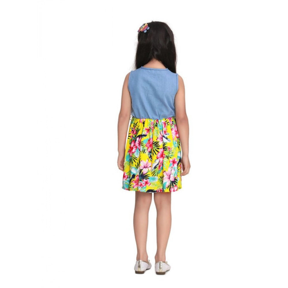 Blue-Yellow denim floral sleeveless dress for girls, round neck with button closure on a knee-length rayon bottom