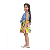 Blue-Yellow denim floral sleeveless dress for girls, round neck, knee length, rayon bottom, button closure