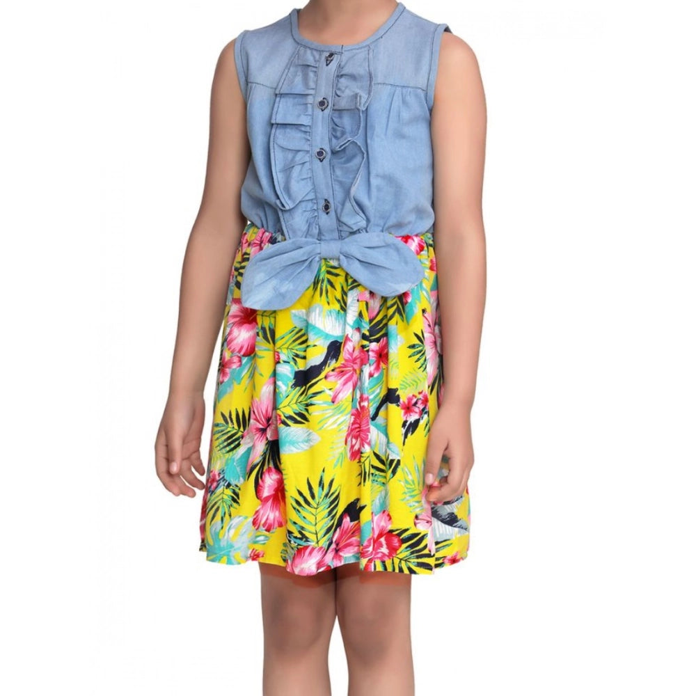 Blue-Yellow denim floral sleeveless dress for girls with round neck and button closure, rayon lining on knee length skirt
