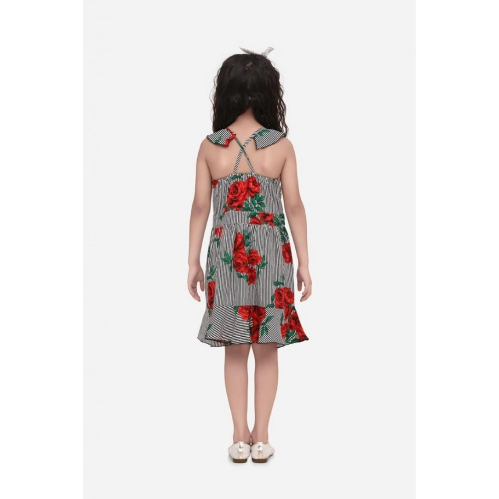 Red polyester crepe floral shoulder straps dress for girls, vibrant floral pattern on a versatile knee-length style