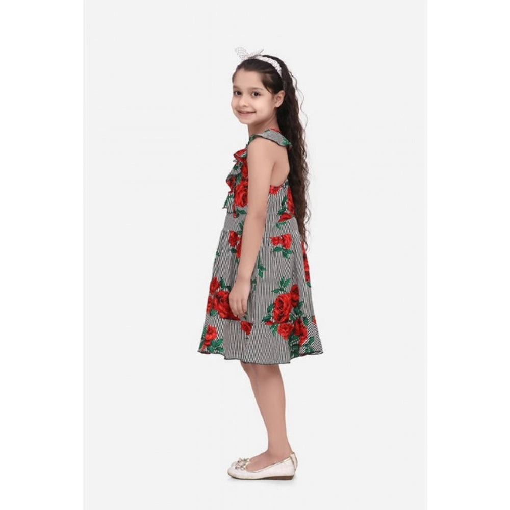 Red polyester crepe floral shoulder straps dress for girls, V-neck design with knee length