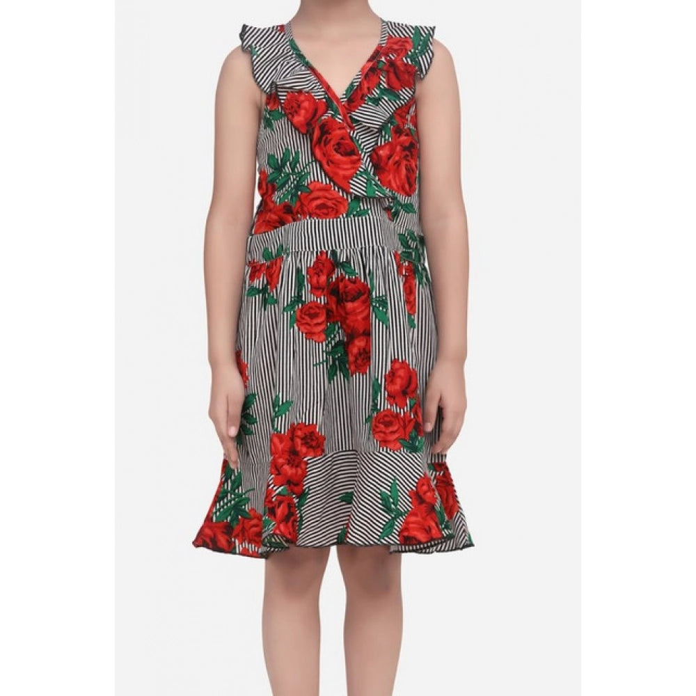 Red polyester crepe floral shoulder straps dress for girls, vibrant floral pattern and v-neck design
