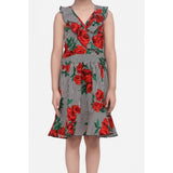 Red polyester crepe floral shoulder straps dress for girls, vibrant floral pattern and v-neck design