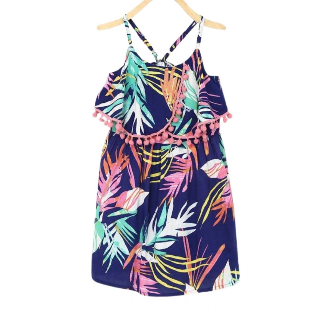 Navy Blue rayon printed shoulder straps dress for girls, vibrant patterned knee-length dress