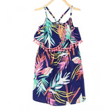 Navy Blue rayon printed shoulder straps dress for girls, vibrant patterned knee-length dress