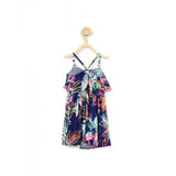 Navy blue rayon printed shoulder straps dress for girls, vibrant pattern on knee-length style