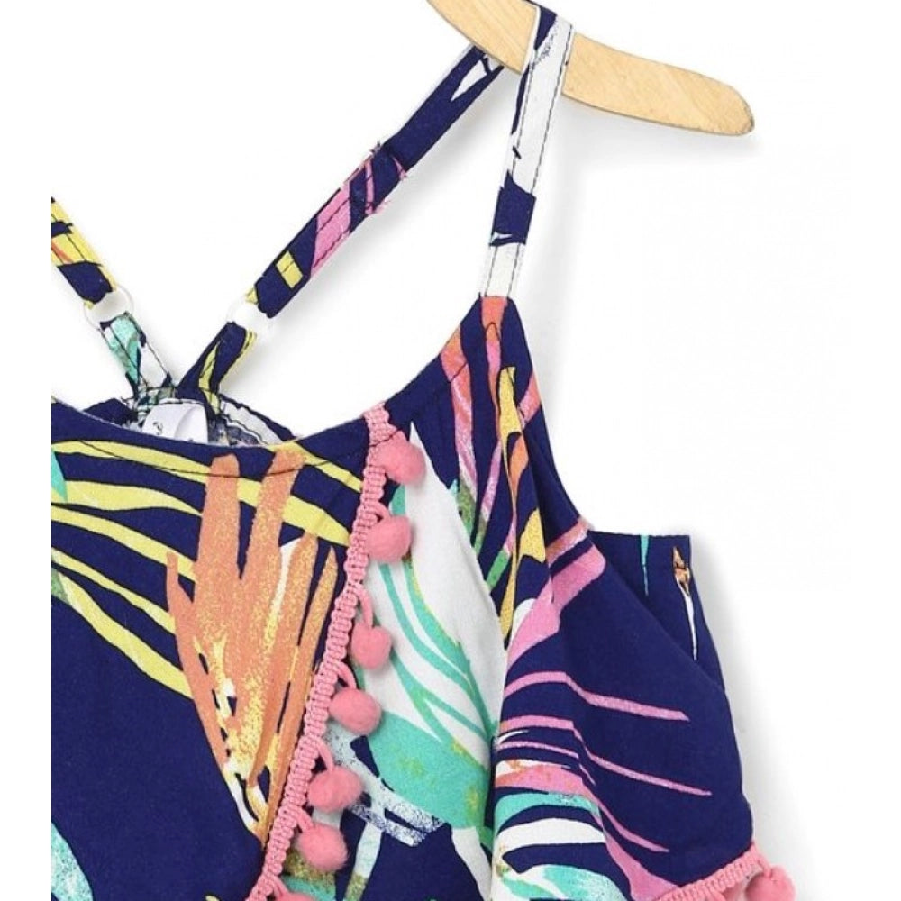 Navy blue rayon printed shoulder straps dress for girls, vibrant pattern detail on display