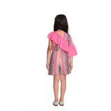 Pink cotton & polyester printed 3/4th sleeves dress - vibrant V-neck design for girls, knee length with no closure