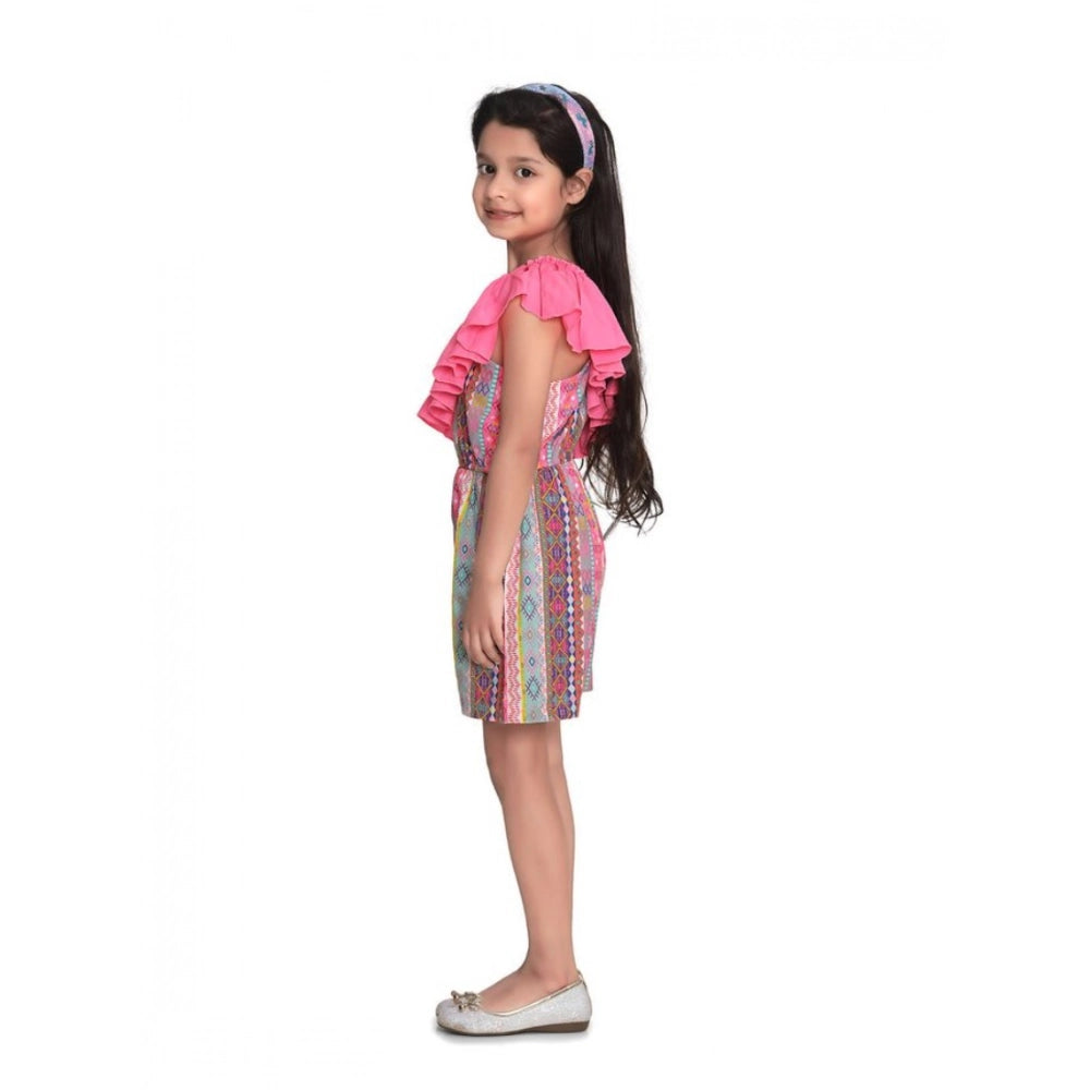 Pink cotton & polyester printed 3/4th sleeves dress - V-neck, knee length, no closure for girls